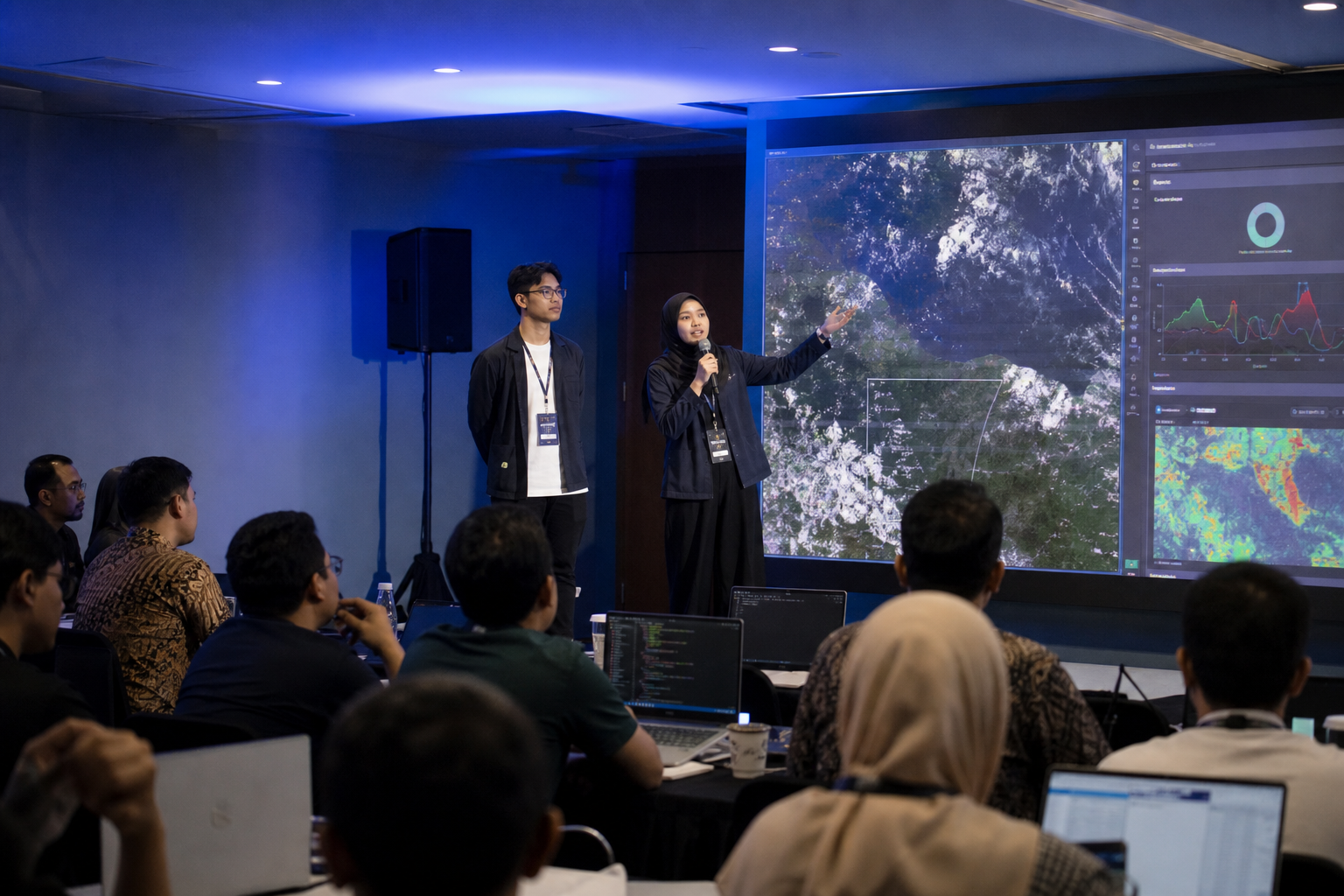 Indonesian NASA Space Apps participants presenting an Earth observation project in 2025